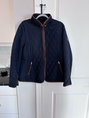 Lauren Ralph Lauren Quilted Barn Navy Blue Jacket Tan Trim Equestrian Style Coat